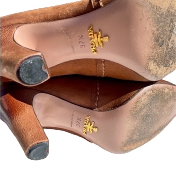 PRADA Leather Heel Mid Calf High Boots Brown Cognac Size 37.5 EU 7.5 US - Picture 7 of 11